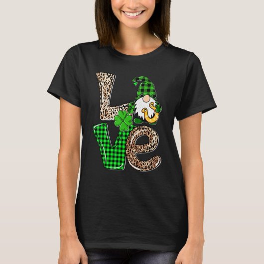 LOVE Gnomes Leopard Plaid Irish St Patricks Day Gi T-shirt (Voorkant)
