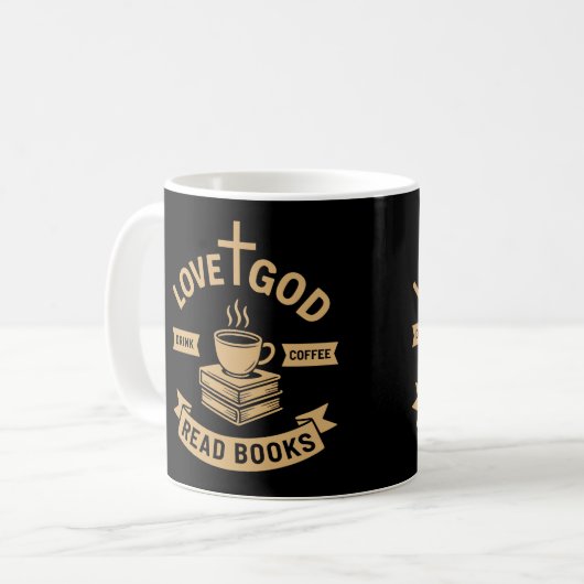Love God Drink Coffee Lees boeken Christelijk Koffiemok (Voorkant links)