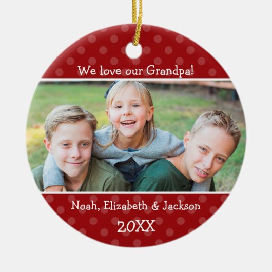 Love Grandpa Red Polka Dot kerstfoto Keramisch Ornament (Voorkant)