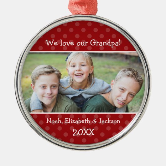 Love Grandpa Red Polka Dot kerstfoto Metalen Ornament (Voorkant)