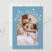 Love & Gratitude Minimal Wedding Photo Denim Blue Bedankkaart (Voorkant)