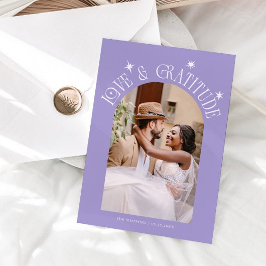 Love & Gratitude Minimal Wedding Photo Lilac Bedankkaart