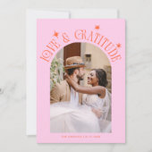 Love & Gratitude Minimal Wedding Photo Orange Pink Bedankkaart (Voorkant)