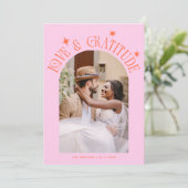 Love & Gratitude Minimal Wedding Photo Orange Pink Bedankkaart (Staand voorkant)