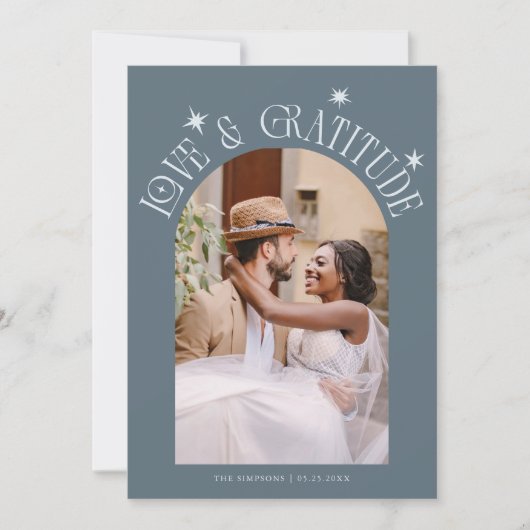 Love & Gratitude Minimal Wedding Photo Slate Blue Bedankkaart (Voorkant)