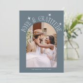 Love & Gratitude Minimal Wedding Photo Slate Blue Bedankkaart (Staand voorkant)
