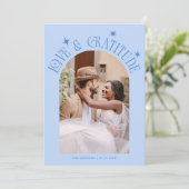 Love & Gratitude Minimalist Wedding Photo Icy Blue Bedankkaart (Staand voorkant)