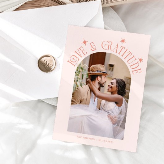 Love & Gratitude Minimalist Wedding Photo Peach Bedankkaart