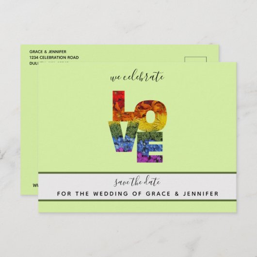 LOVE Groen Thema Same-Sex Bruiloft Save the Date Briefkaart (Voorkant / Achterkant)