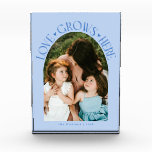 Love Grows Here Modern Arch Icy Blue Fotoblokken<br><div class="desc">Modern and minimal family memory photo block featuring a photo in a arch frame with a text that says "Love Grows Here" with tiny hearts. Icy blue.</div>