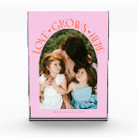 Love Grows Here Modern Arch Orange Pink Fotoblokken<br><div class="desc">Modern and minimal family memory photo block featuring a photo in a arch frame with a text that says "Love Grows Here" with tiny hearts. Orange and pink.</div>