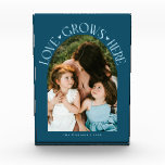 Love Grows Here Modern Arch Teal Fotoblokken<br><div class="desc">Modern and minimal family memory photo block featuring a photo in a arch frame with a text that says "Love Grows Here" with tiny hearts. Teal.</div>