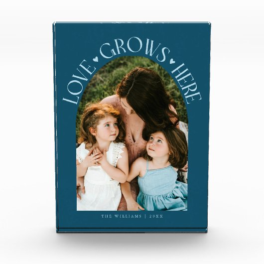 Love Grows Here Moderne Boog Teal Fotoblokken (Voorkant)