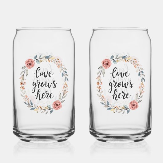 "Love Grows Here" with Floral Wreath Blikvorm Glas (Achterkant)