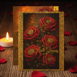 Love Grows Romantic Red Rose Gold Gears Feestdagenkaart