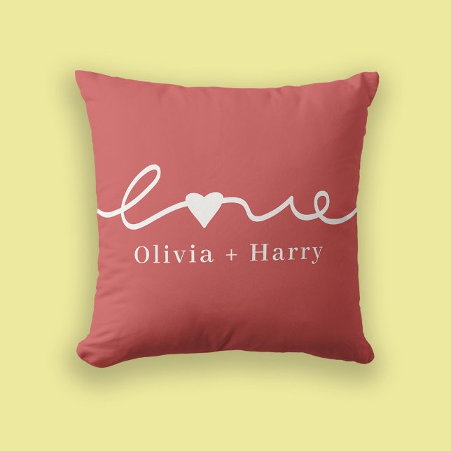 Love Hand Drawn Modern Minimalistisch Rood Wit Kussen (Stylishly Personalize with Your Custom Names.)