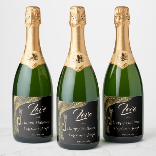 Love & Happy Halloween Elegant Gold & Skulls Sparkling Wijnetiket (Flessen)