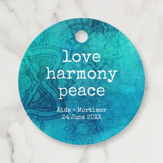 Love harmony peace mandala blue blauwgroen bruilof bedankjes labels (Voorkant)