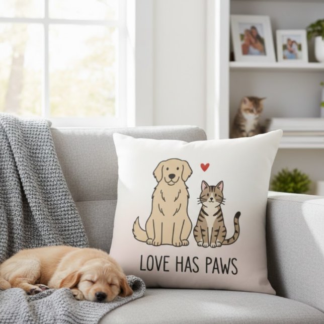 Love Has Paws | Cute Minimalist Dog and Cat Illust Kussen (Creator heeft geüpload)