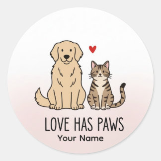 Love Has Paws | Cute Minimalist Dog and Cat Illust Ronde Sticker
