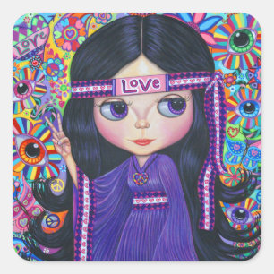 Love Headband Hippie Girl Doll Psychedelic Paars Vierkante Sticker