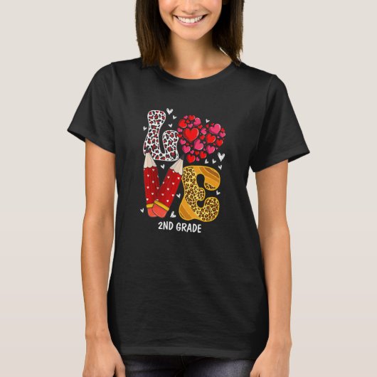 LOVE Heart 2nd Grade Teacher Leopard Valentines Da T-shirt (Voorkant)