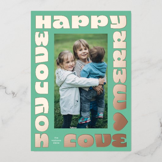 Love Heart Bold roos Gold | Kerstfoto groen Folie Feestdagenkaart (Voorkant)