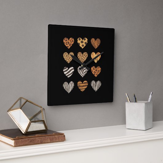 Love Heart Leopard Schattigee Valentijnsdag Vierkante Klok (Kantoor)