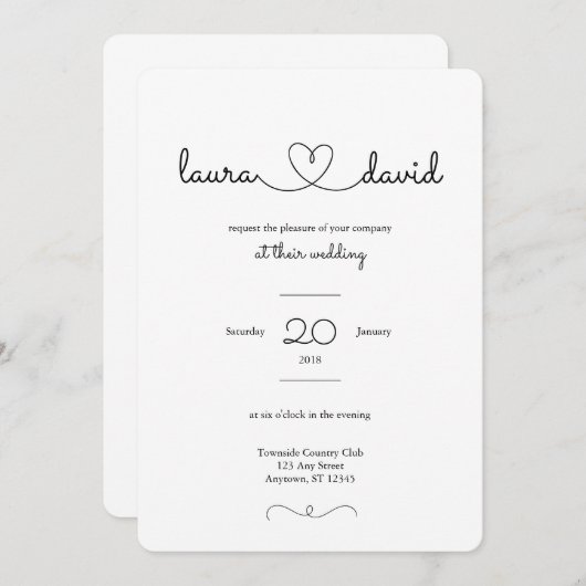 Love Heart Modern Black & White Wedding Invitation Kaart (Voorkant / Achterkant)