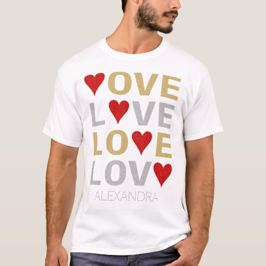 Love Heart Red Gold Silver Glitter Name Custom T-shirt (Voorkant)