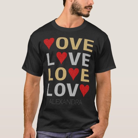Love Heart Red Silver Glitter Custom Name T-shirt (Voorkant)