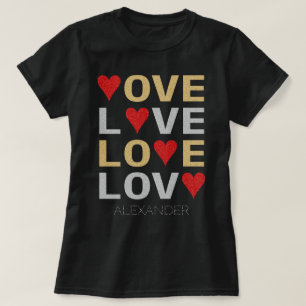 Love Heart Red Silver Glitter Gepersonaliseerd Naa T-shirt