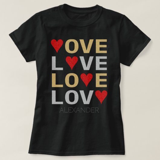 Love Heart Red Silver Glitter Gepersonaliseerd Naa T-shirt (Design voorkant)