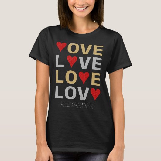 Love Heart Red Silver Glitter Gepersonaliseerd Naa T-shirt (Voorkant)
