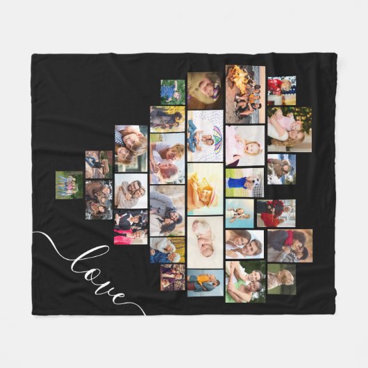 Love Heart Shaped Photo Collage Black Fleece Deken (Voorkant (Horizontaal))