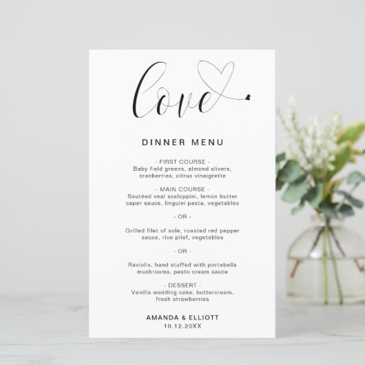 Love Heart Simple Modern Wedding Menu (Staand voorkant)