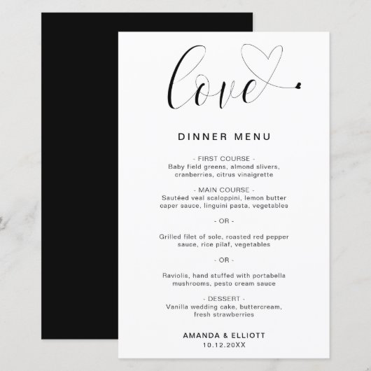 Love Heart Simple Modern Wedding Menu (Voorkant / Achterkant)