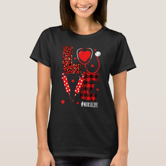 Love Heart Stethoscope Nurse Life Leopard Valentin T-shirt (Voorkant)