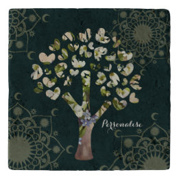 Love Heart Tree Mandala Rustic Green Stone Trivet