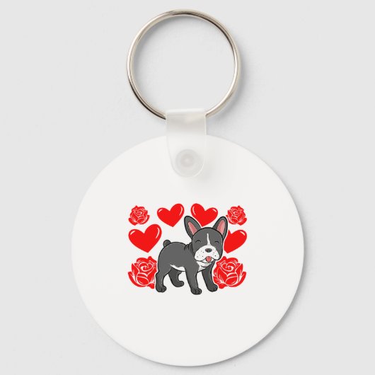 Love Heart Valentines Day Roses French Bulldog Bo Sleutelhanger (Voorkant)