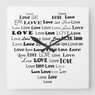 Love Heart Word Cloud - Black on White Vierkante Klok