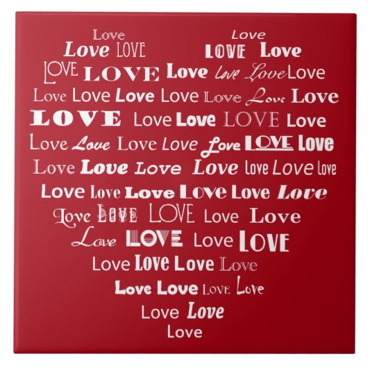 Love Heart Word Cloud - White on Dark Red Tegeltje (Voorkant)