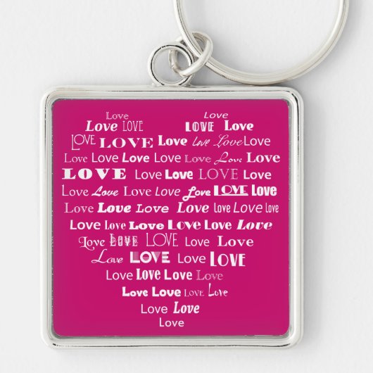 Love Heart Word Cloud - White on Fuchsia Pink Sleutelhanger (Voorkant)