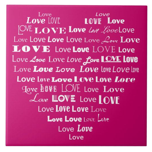 Love Heart Word Cloud - White on Fuchsia Pink Tegeltje (Voorkant)