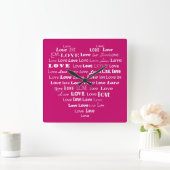 Love Heart Word Cloud - White on Fuchsia Pink Vierkante Klok (Huis)