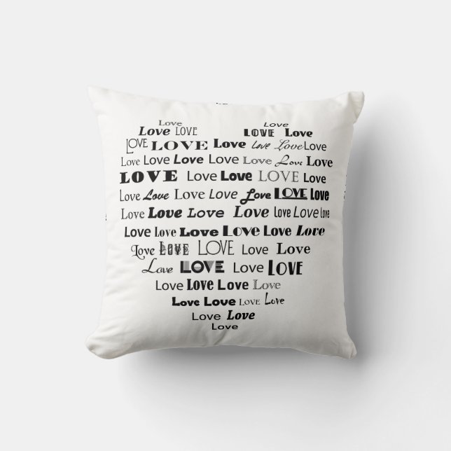 Love Heart Word Cloud - zwart en wit Kussen (Voorkant)