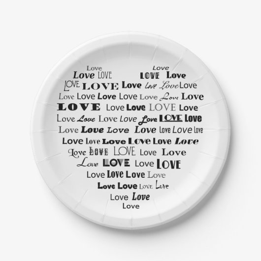 Love Heart Word Cloud - zwart en wit Papieren Bordje (Voorkant)