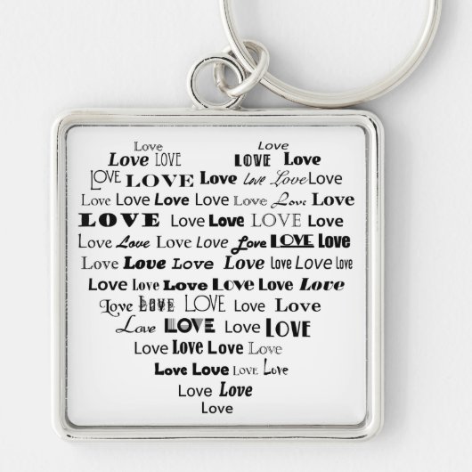 Love Heart Word Cloud - zwart en wit Sleutelhanger (Voorkant)