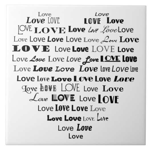 Love Heart Word Cloud - zwart en wit Tegeltje (Voorkant)