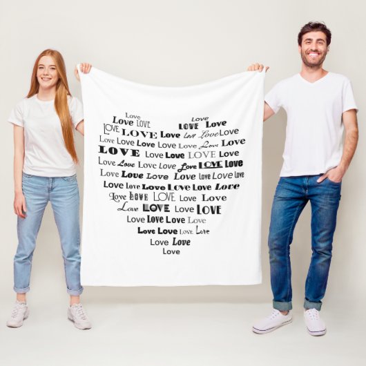 Love Heart Word Cloud - Zwart op Wit Fleece Deken (In situ)